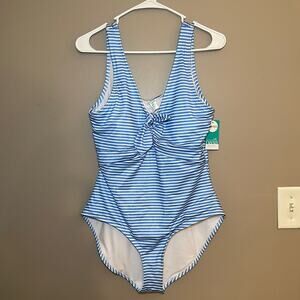 Outdoor Oasis Women’s‎ One Piece Medium Coverage Blue White Striped Swimsuit